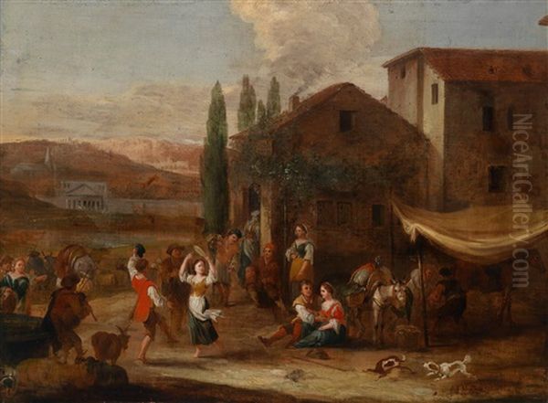 Landliche Szene Mit Feiernden Und Tanzenden Bauern Vor Einem Wirtshaus - view 1