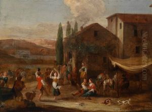 Landliche Szene Mit Feiernden Und Tanzenden Bauern Vor Einem Wirtshaus