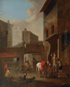 Resting Horsemen In A Court by Pieter Jacobsz Van Laer
