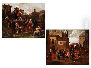 Karnevalstreiben Zwischen Italienischen Hausern Und Einer Kirche (+ Another; Pair)