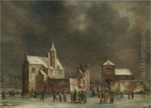 A View Of Wulven Castle In Winter With Figures Skating On Theice