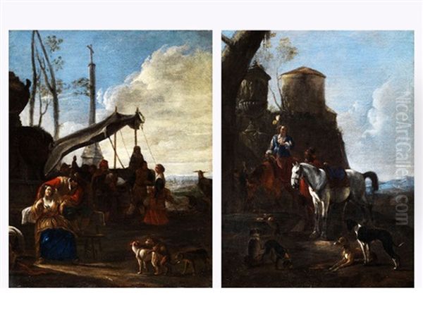 Festgesellschaft Mit Musikanten (+ Hofische Dame Auf Einem Pferd, Daneben Ein Von Einem Schimmel Abgestiegener Reiter; Pair) - view 1