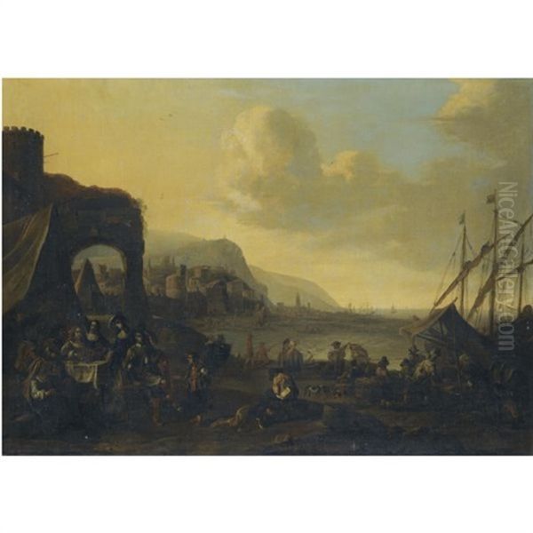A Harbour Scene With Figures Unloading Cargo - view 1