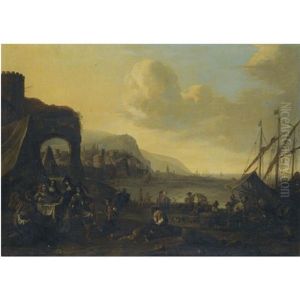 A Harbour Scene With Figures Unloading Cargo by Pieter Jacobsz Van Laer