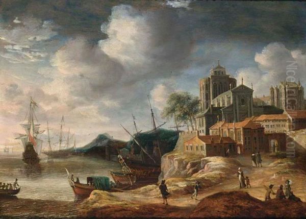A Capriccio Coastal Landscape With Classical Buildings, With A State Yacht And Other Shipping, Figures On A Path Towards City Walls - view 1