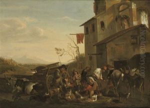 Peasants Eating Outside A Town In An Italianate Landscape by Pieter Jacobsz Van Laer