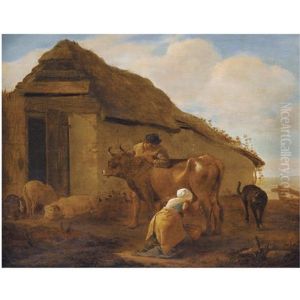 A Landscape With A Milkmaid, A Cow And Livestock by Pieter Jacobsz Van Laer