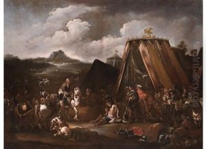 Verwundeter Heerfuhrer Vor Einem Feldherrenzelt, Umgeben Von Feldherren, Reitendem Fursten Und Soldaten by Pieter Jacobsz Van Laer