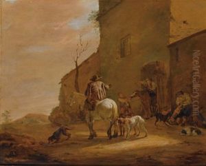 A Landscape With Horsemen Leaving An Inn, Together With Their Dogs, A Man Feeding Other Dogs To The Right