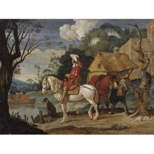 River Landscape With Cavaliers Waiting For A Ferry by Pieter Jacobsz Van Laer