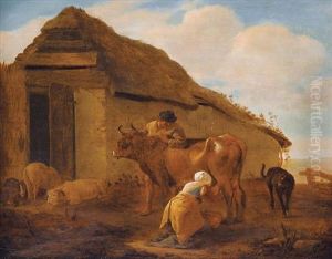 A Landscape With A Milkmaid, A Cow And Livestock by Pieter Jacobsz Van Laer