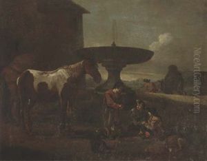 An Italianate Landscape With An Ostler And Horses Conversing With Travellers Resting By A Fountain An Italianate Landscape With An Ostler And Horses Conversing With Travellers Resting By A Fountain