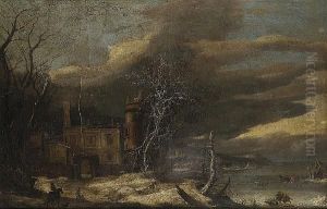 A Winter River Landscape With Travellers On A Path Before A Castle