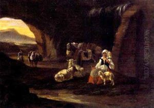 Eine Hirtin Mit Schafen Und Einem Pferd In Einer Felsenhohle by Pieter Jacobsz Van Laer
