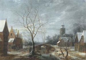 A Winter Landscape With Figures On A Frozen Waterway In Avillage by Anthonie Beerstraten