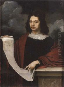 Portrait Of A Nobleman In Black Costume, With A Red Robe, Holding A Scroll
