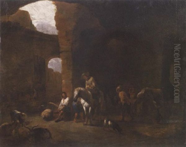 A Riding Party In A Barn Preparing To Depart - view 1
