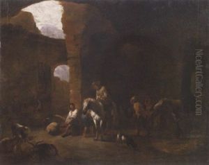 A Riding Party In A Barn Preparing To Depart