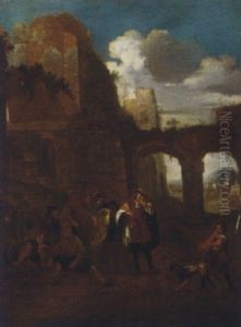 Peasants And A Dog Amongst Classical Ruins by Pieter Jacobsz Van Laer