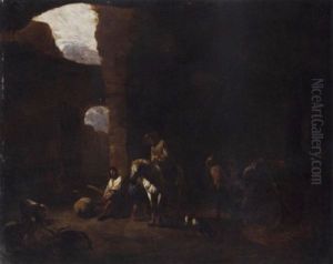 Travellers Taking Shelter In Roman Ruins by Pieter Jacobsz Van Laer