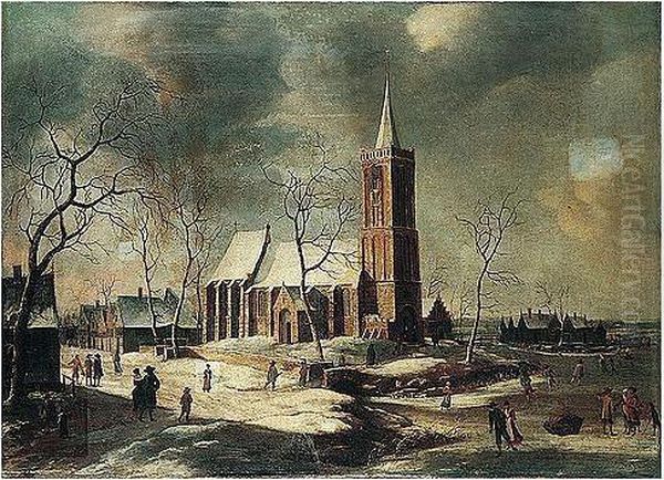 A Winter Landscape With Villagers Skating On A Frozen River Before A Church - view 1