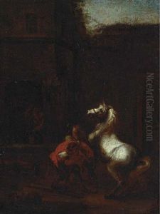 A Blacksmith And A Peasant With A White Horse by Pieter Jacobsz Van Laer