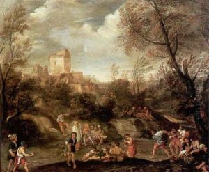 Figures Merrymaking With A Village And An Extensive Landscape Beyond