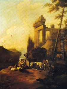 Paesaggio Con Pastori E Animali Presso Ruderi Antichi by Pieter Jacobsz Van Laer