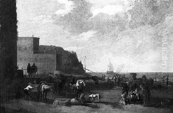 An Italianate Harbour With A Merchant Inspecting Cargo, A Muleteer And Boys Playing Cards By A Fountain Nearby - view 1