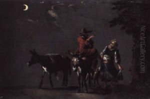 A Peasant Couple With Donkeys And A Dog On A Track By Moonlight A Peasant Couple With Donkeys And A Dog On A Track By Moonlight