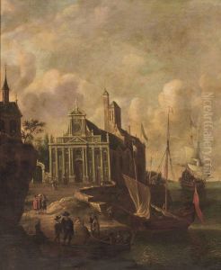 An Italianate Harbour View With A Church And Mooring Ships by Jan Abrahamsz. Beerstraaten