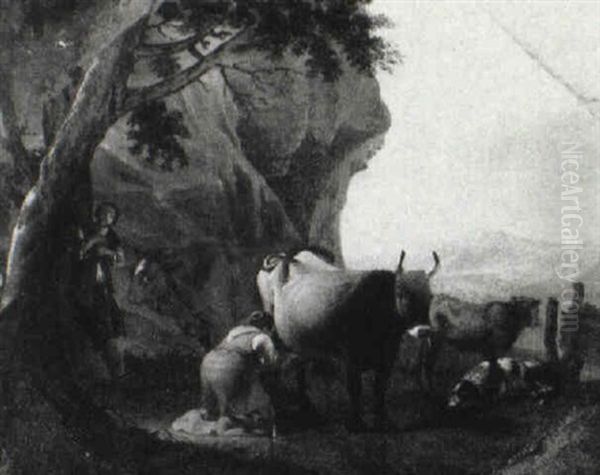 Italianate Landscape With A Cowherd And Milkmaid With Livestock - view 1