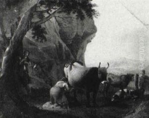 Italianate Landscape With A Cowherd And Milkmaid With Livestock by Pieter Jacobsz Van Laer