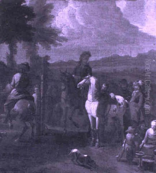 Heralds In An Italianate Landscape With A Woman Baking Pancakes - view 1