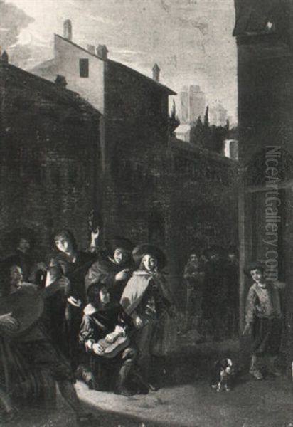 A Minstrel Playing In A Dark Street - view 1