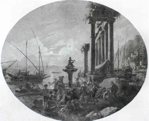 Peasants Dancing And Resting Before A Fountain Overlooking A Mediterranean Port - view 1