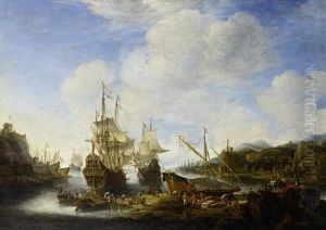 A 
Capriccio 
 View Of A Port With Vessels And Stevedores Unloading Cargo
