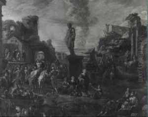 A Capriccio Of A Roman Piazza With Market Stalls In The Foreground, A Commedia Dell'arte Performance...beyond by Pieter Jacobsz Van Laer