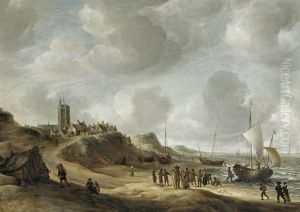 A View Of Egmond Aan Zee With Fisherfolk On The Beach And Shipping Offshore by Jan Abrahamsz. Beerstraaten