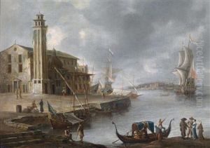 An Imaginary View Of Venice With Elegant Figures Boarding A Gondola Near The Church Of San Lorenzo
