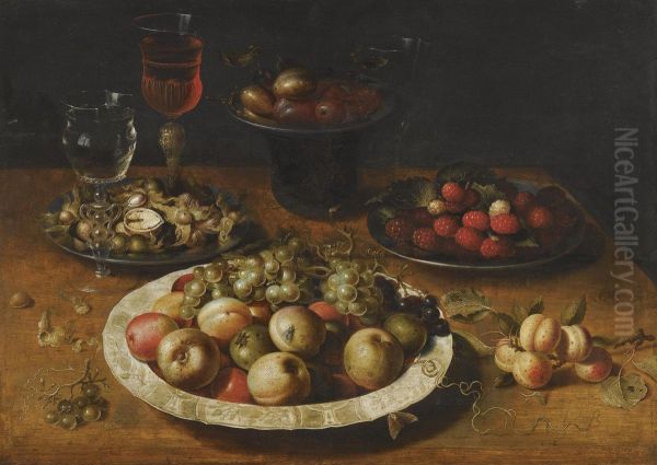 A Still Life Of Apples And Grapes In A Blue-and-white Porcelainbowl, Raspberries And Walnuts In Pewter Dishes, Plums On A Pewterdish Atop A Stand, Together With Three Wine-glasses And Sprigs Ofapricots And Gooseberries Upon A Wooden Table - view 1