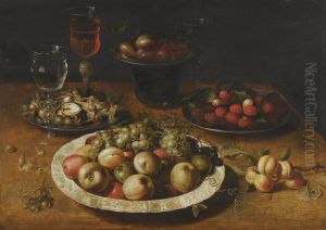 A Still Life Of Apples And Grapes In A Blue-and-white Porcelainbowl, Raspberries And Walnuts In Pewter Dishes, Plums On A Pewterdish Atop A Stand, Together With Three Wine-glasses And Sprigs Ofapricots And Gooseberries Upon A Wooden Table by Osias, the Elder Beert