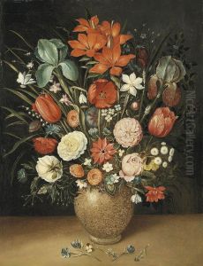Roses, Tulips, Carnations And Other Flowers In A Vase On A Stoneledge