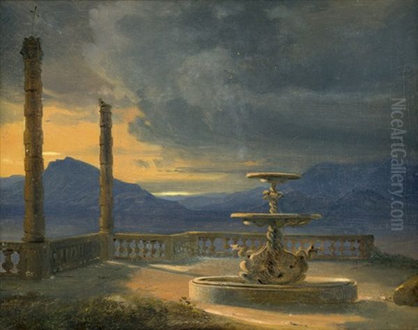 Italienische Brunnenanlage Auf Einer Terrasse Mit Aussicht Auf Eine Seenlandschaft Bei Aufkommendem Unwetter - view 1
