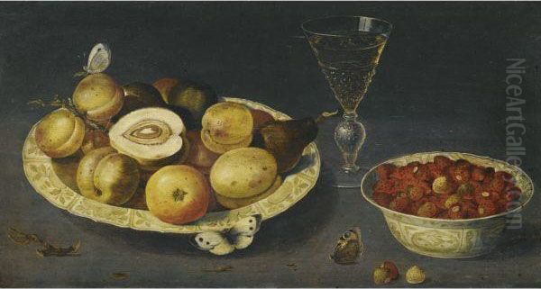 A Still Life With Strawberries, Pears And Peaches In Two Porcelainbowls On A Table With A Wineglass And Butterflies - view 1