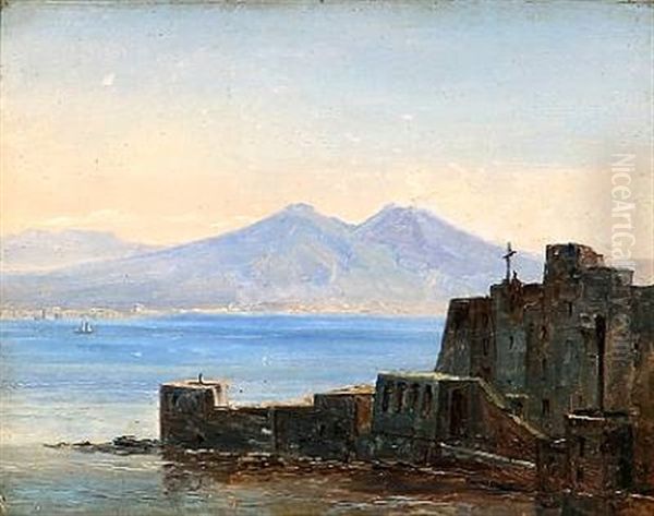 View Of The Bay Of Naples With Vesuvius In The Background by Thorald Laessoe