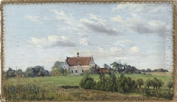 Prospekt Af Herregarden Nakkebolle Pa Fyn, I Forgrunden Vilde Blomster Og Levende Hegn, I Baggrunden Den Hvidkalkede Renaissancehovedbygning Omkranset Af Store Traer, Sommer - view 1