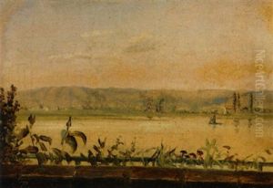 Solnedgangslandskab Med So Og Bjerge I Baggrunden by Thorald Laessoe