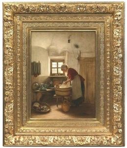 Kucheninterieur Mit Einer Spulenden Magd Am Fenster by Gustav Laeverenz