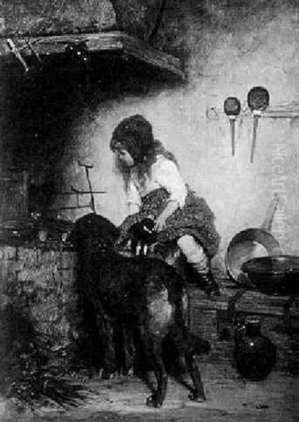 Warmed By The Fire: An Interior Scene With Girl And Dog Before A Hearth - view 1